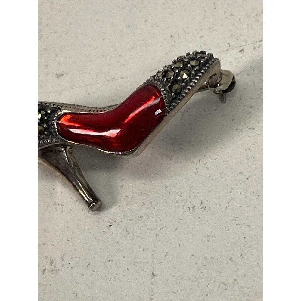 High Heel Shoe Brooch Sterling Silver Red Enamel Marcasite Style Costume Pin